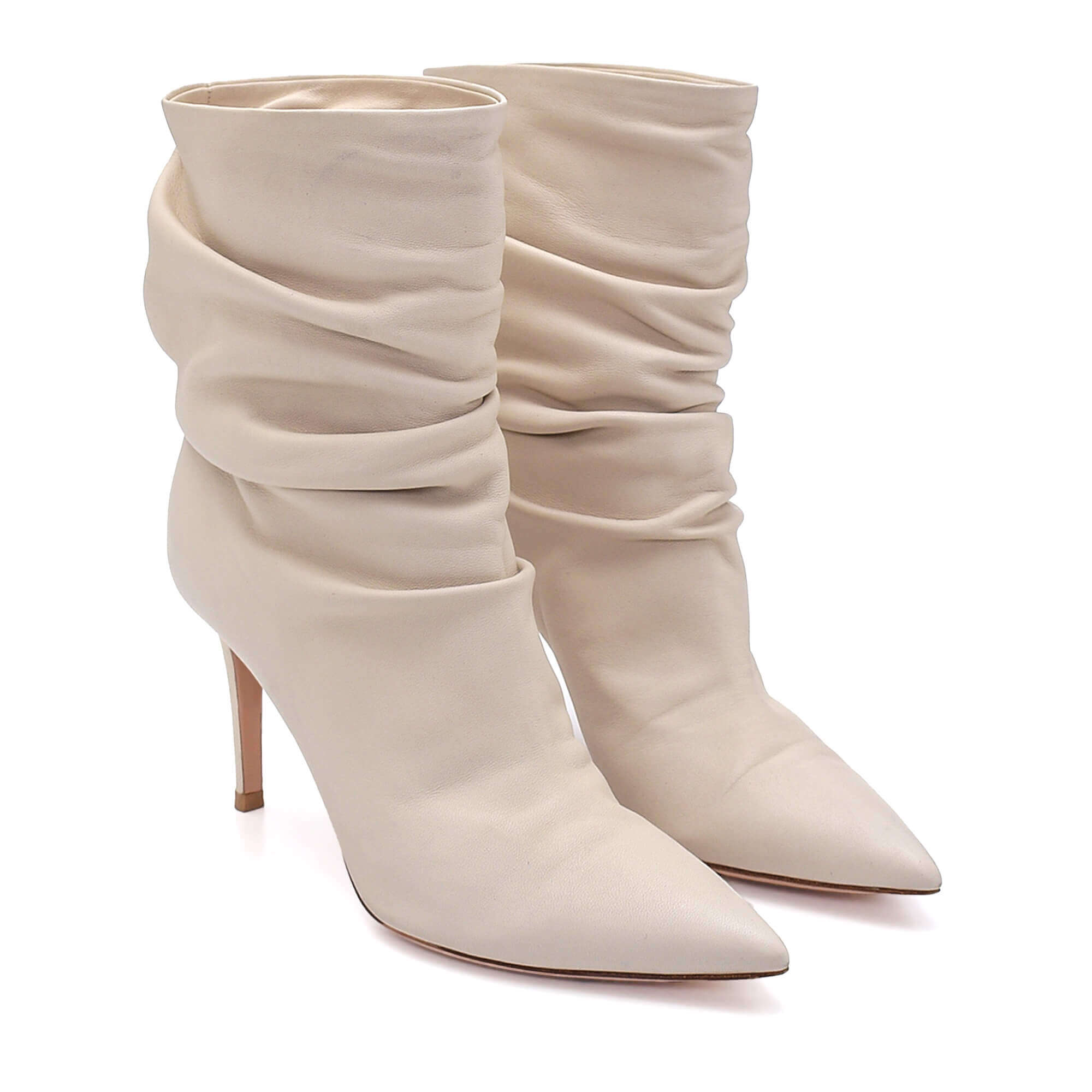 Gianvito Rossi - Ivory Ruched Leather Pointed Toe Cecile Ankle Boots